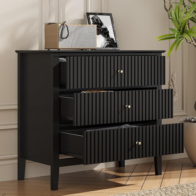 RoyalCraft Black Fluted 3 Drawer Dresser, 32 inch Wide Dresser Nightstand - Image 6
