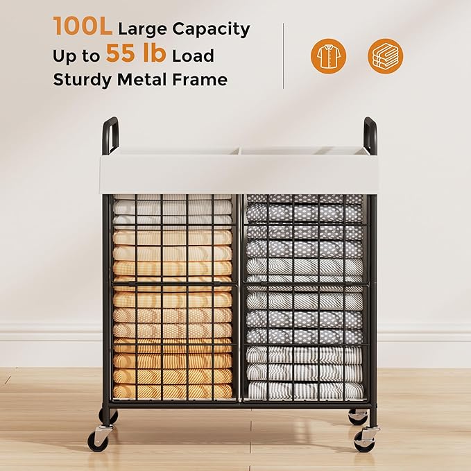 2 Section Laundry Hamper with Wheels and Brake, 100L Laundry Sorter Cart with 2 - Image 2