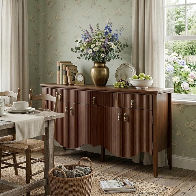 FUSUNBAO 57" Fluted Sideboard Buffet, Retro Storage Cabinet, Walnut | 3 Drawers - Image 6