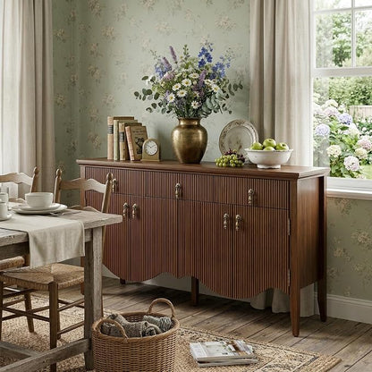 FUSUNBAO 57" Fluted Sideboard Buffet, Retro Storage Cabinet, Walnut | 3 Drawers - Image 6