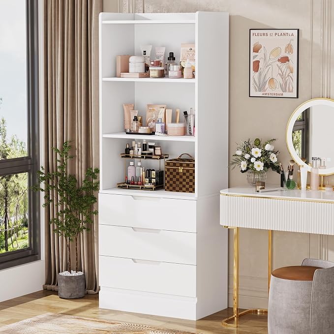 DICTAC Bookcase Set of 2 with 3 Drawers 73.23'' White Bookshelf Storage - Image 8