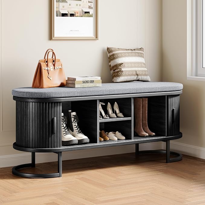 Decofy Shoe Storage Bench with Cushion and Sliding Doors, 47.2 Inch Shoe Bench by Decofy