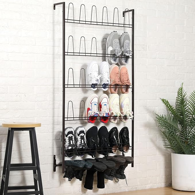 MyGift 5-Tier Wall Mounted Dark Brown Metal 18 Pair Boot and Shoe Storage Rack - Image 2