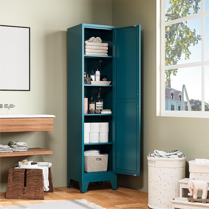 COFaR 67" Metal Narrow Storage Cabinet, Peacock Blue Slim Storage Cabinet - Image 3