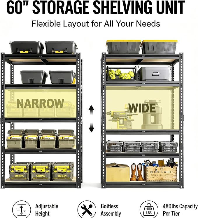 60" H Heavy Duty Storage Shelves, 2400LBS Capacity Metal Shelving Unit - Image 5