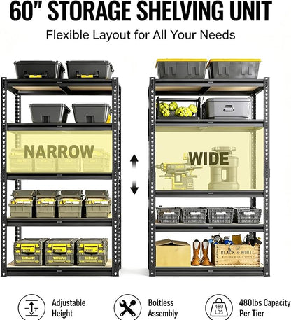 60" H Heavy Duty Storage Shelves, 2400LBS Capacity Metal Shelving Unit - Image 5