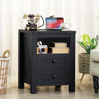 Nightstand with Charging Station, Farmhouse Night Stand with 2 Drawers and - Image 4