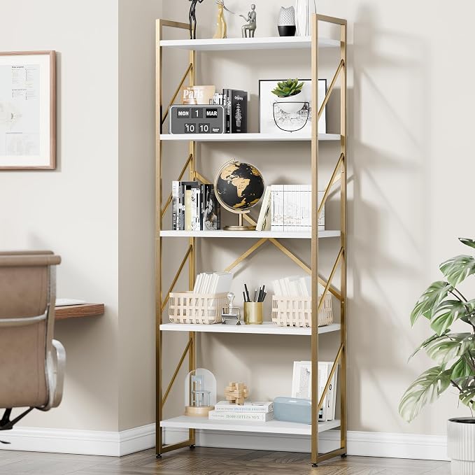 Vongrasig 5 Tier Bookshelf, Modern Tall Bookcase, Industrial Book Shelves - Image 3