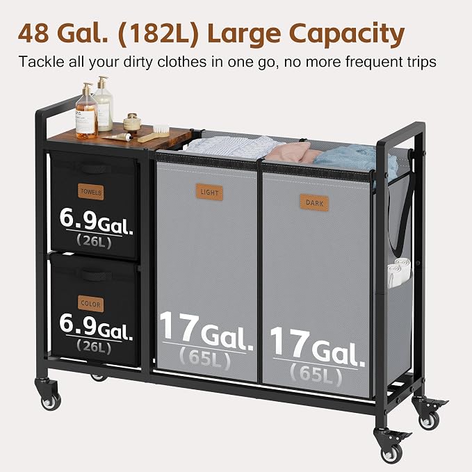 Hoctieon 4 Section Laundry Cart, 48 Gal. Laundry Hamper - Image 7