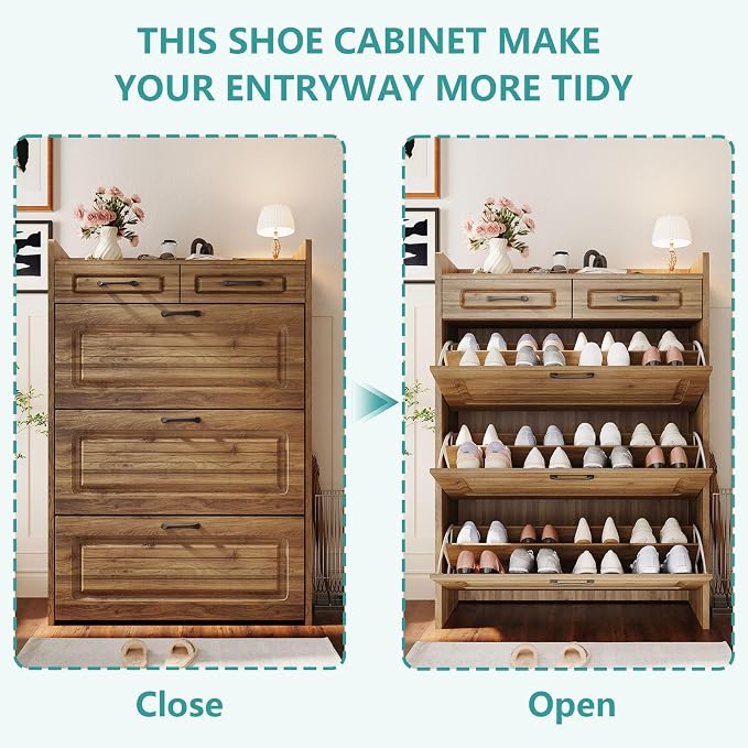 Shoe Cabinet with 3 Large Flip Drawers and 2 Storage Drawers, Narrow Shoe - Image 3