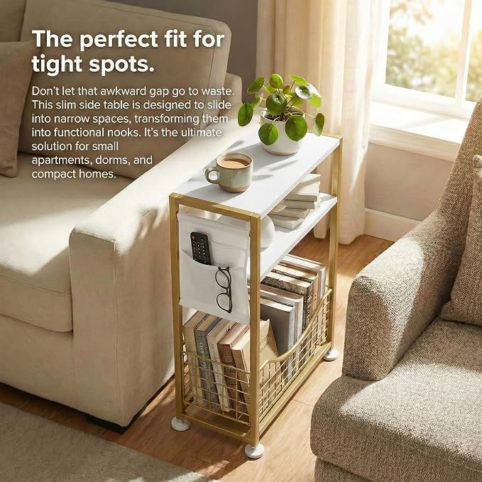 Skinny Side Table with Storage, 3 Tier Slim Side Tables - Image 4