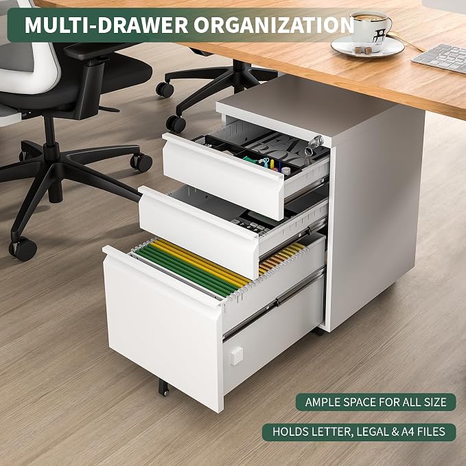 3 Drawer File Cabinet with Lock, Under Desk Rolling Small Filing Cabinet - Image 6