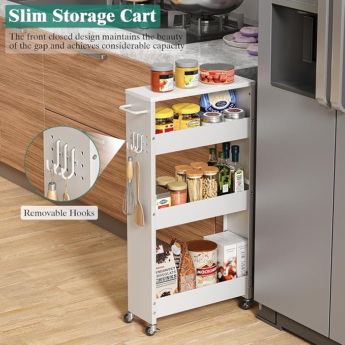 Slim Storage Cart, 4-Tier Kitchen Rolling Cart Narrow Storage Cabinet - Image 2
