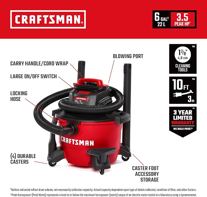 CRAFTSMAN CMXEVBE17584 6 Gallon 3.5 Peak HP Wet Dry Vac, Portable Shop Vacuum - Image 2