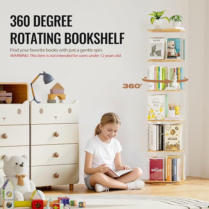 TAKEKIT 5-Tier Rotating Bookshelf, 360° Spinning Book Shelf Tower - Image 4