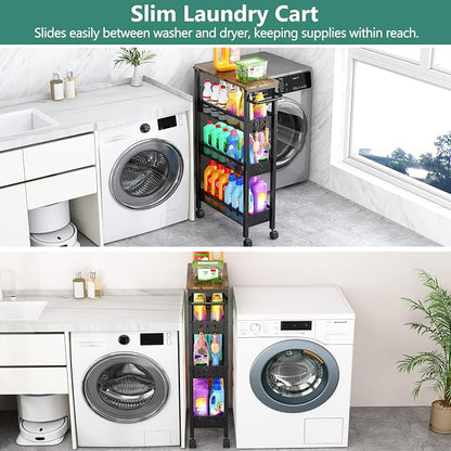 Utility Slim Storage Cart with Wheels, 4 Tier Small Rolling Cart with Wood Top - Image 2