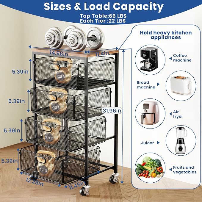 Goovilla Kitchen Cart with Drawers, Lockable Wheels with Wooden Top, Fruit - Image 3