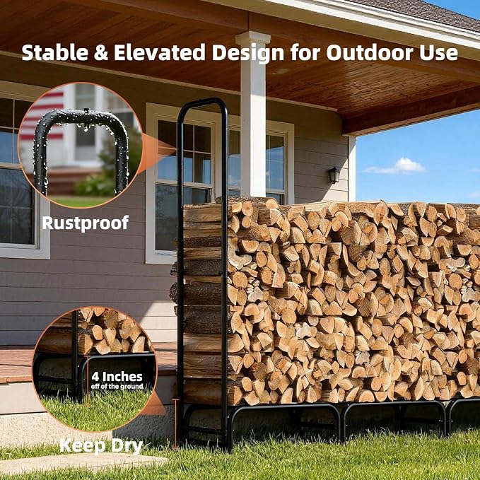 8FT Firewood Rack with Cover Outdoor, Heavy Duty Wood Storage Rack with 600D - Image 4