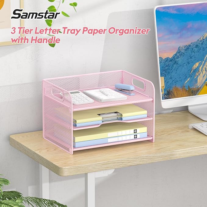 Samstar 3 Tier Pink Letter Tray Paper Organizer - Image 2