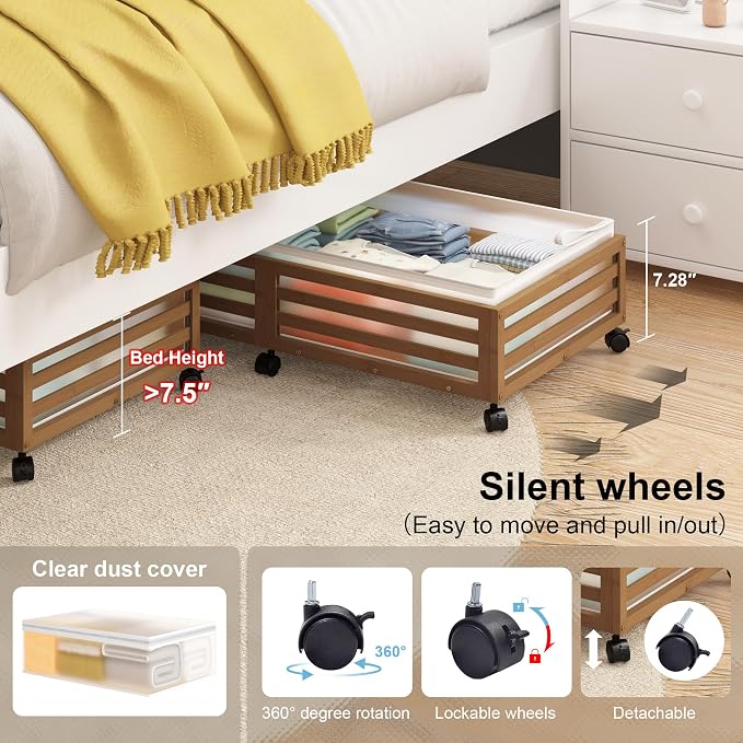 Under Bed Storage with Wheels-Large Bamboo Underbed storage Containers with - Image 3