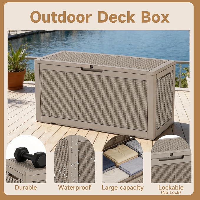 Vixzen 121 Gallon Waterproof Large Deck Box, Lockable Resin Outdoor Storage Box - Image 3