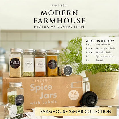 FINESSY Glass Spice Jars with Labels with Metal Lids and Shakers 24 Pack Set - Image 3