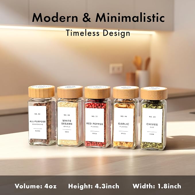 Square Spice Jars with Bamboo Wooden Lid Spice Jars with Shaker Insert and 240 - Image 2