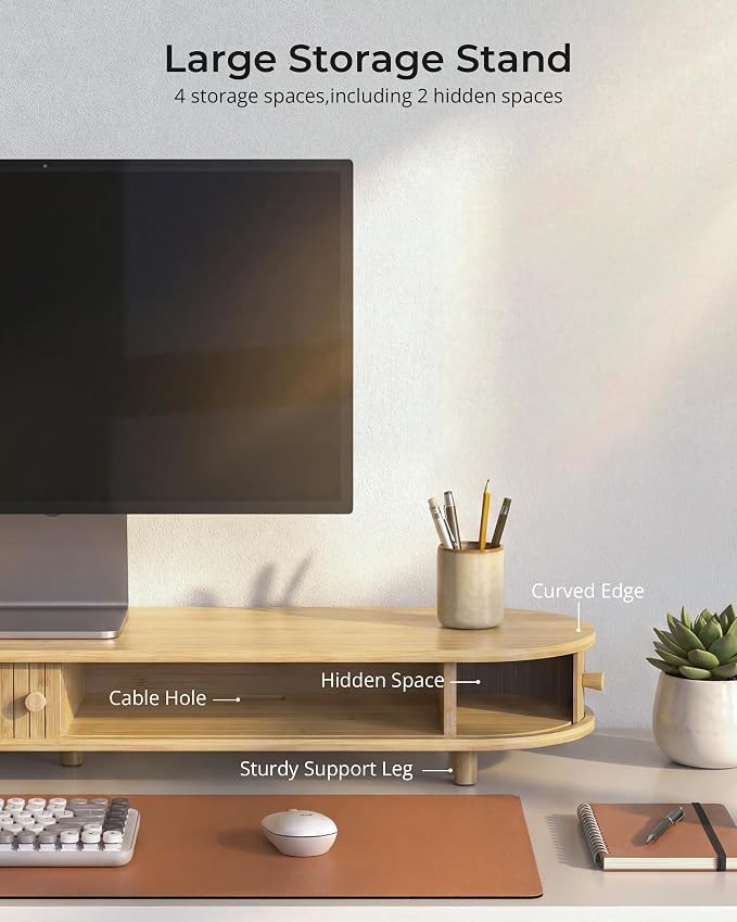 Bamboo Dual Monitor Stand with Storage, Curved Double Computer Laptop Stand - Image 3