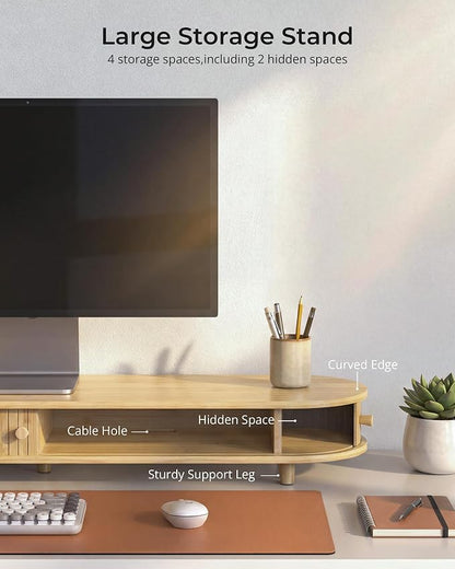 Bamboo Dual Monitor Stand with Storage, Curved Double Computer Laptop Stand - Image 3