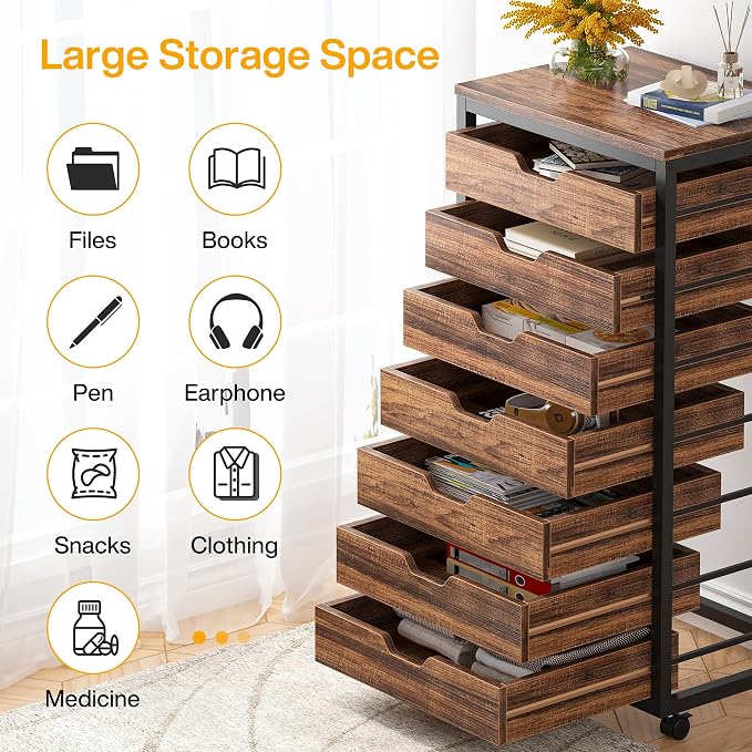 Tribesigns 7-Drawer File Cabinet, Wood Mobile Storage Drawer, Rustic Brown | - Image 7