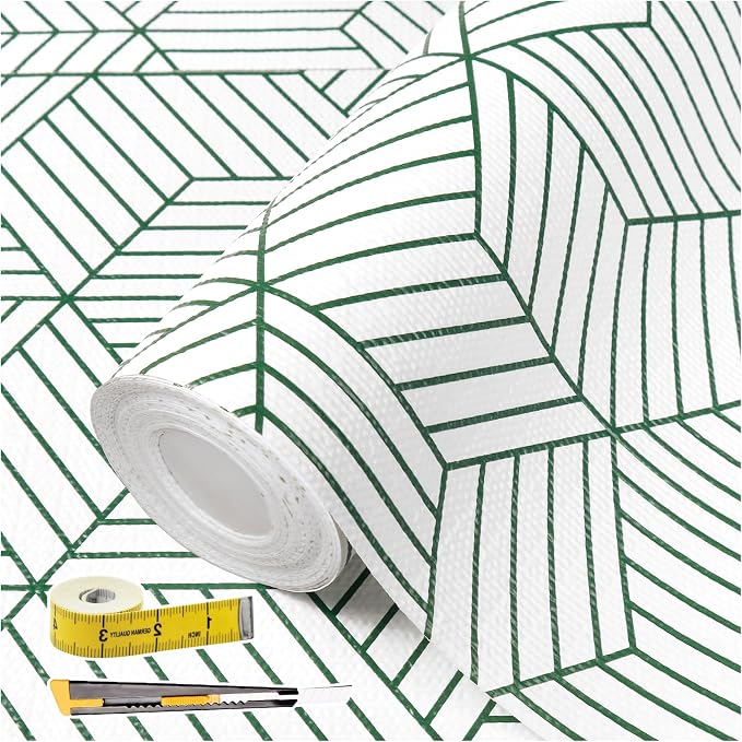 Green Geometric line Pattern Shelf Liners, Non-Adhesive and Anti-Slip Thickened by Kimhan