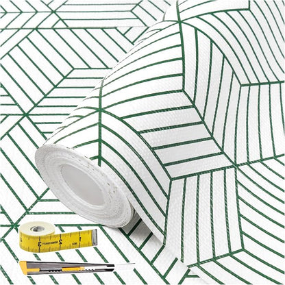 Green Geometric line Pattern Shelf Liners, Non-Adhesive and Anti-Slip Thickened by Kimhan