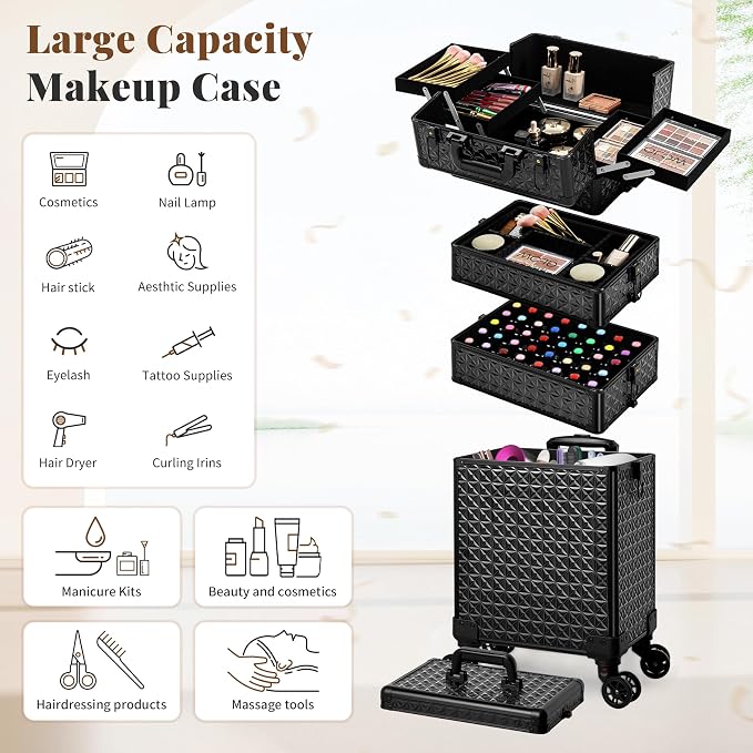 AROUS 5 in 1 Rolling Makeup Train Case Cosmetology Case on Wheels Large - Image 5