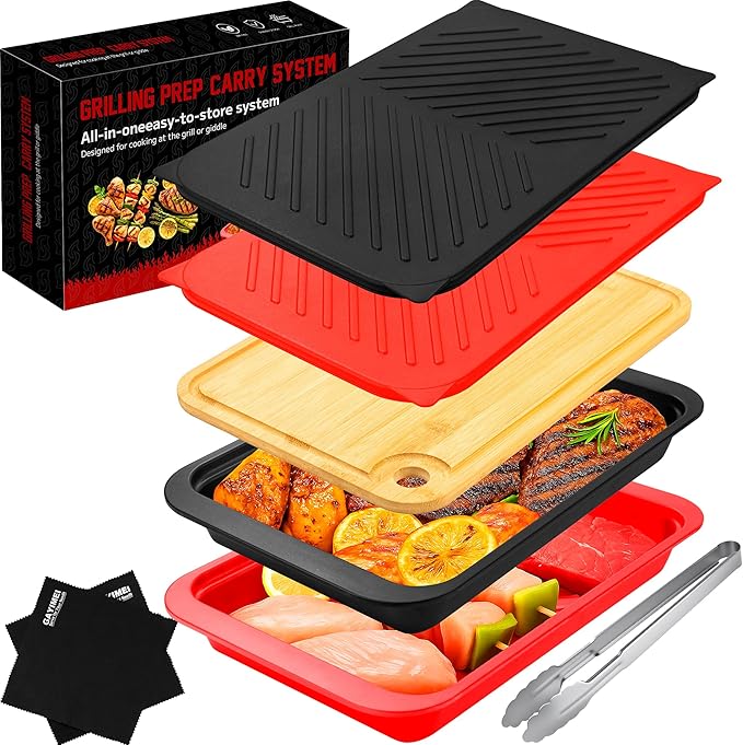 Deep Grill Carry System with Lids, Cutting Board, Gift Ready BBQ Carry Tray by GAYIMEITRAYS
