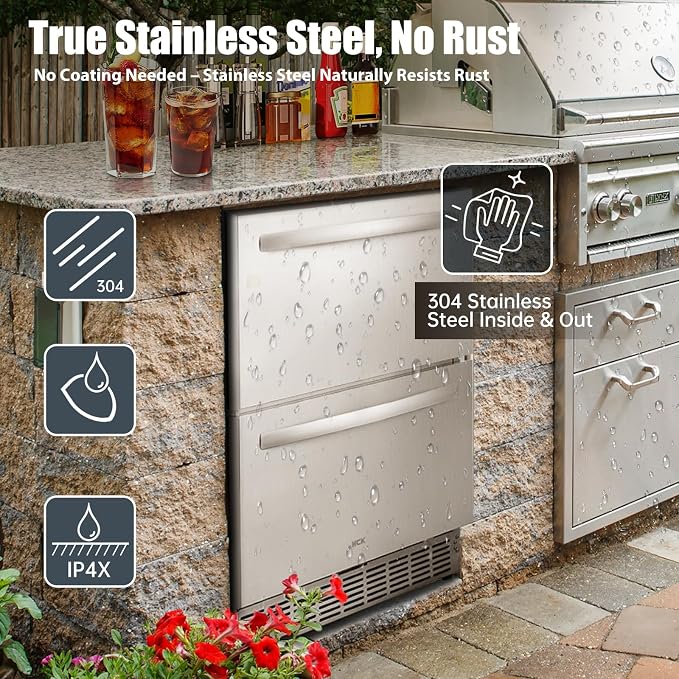 HCK 24 Inch Under Counter Double Drawer Fridge, Stainless Steel Outdoor - Image 3