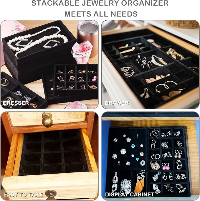 Set of 8 Velvet Jewelry Drawer Organizer Inserts, Stackable Trays - Image 7
