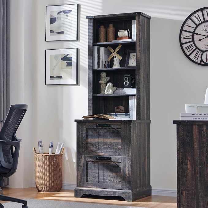 RedLemon Bookcase with 2 File Drawers, 4 Tier Rustic Wood Bookshelf with Cabinet by REDLEMON