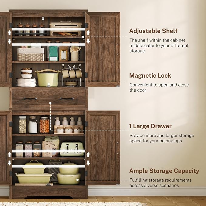 Tall Storage Cabinet with 2 Adjustable Shelves & 1 Large Drawer, Kitchen Pantry - Image 4