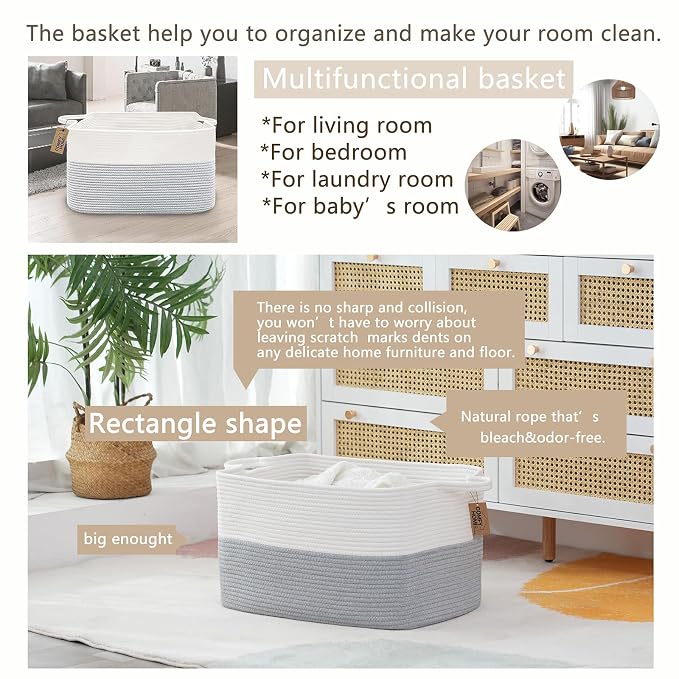 COMFY-HOMI Large Rectangle Laundry Storage Basket | Cotton Rope Woven, - Image 2