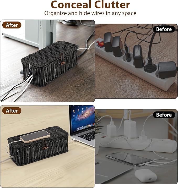 Cable Management Box, Handwoven Faux Rattan Cord Organizer Box - Image 3