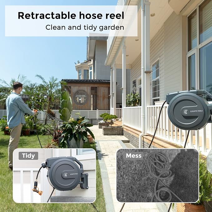 Giraffe Tools Retractable Hose Reel 1/2 in x130 FT PRO Metal Bracket Wall - Image 3