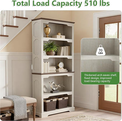 70 Inch Farmhouse Bookcase, Distressed White and Walnut Two-Tone Shelves - Image 6