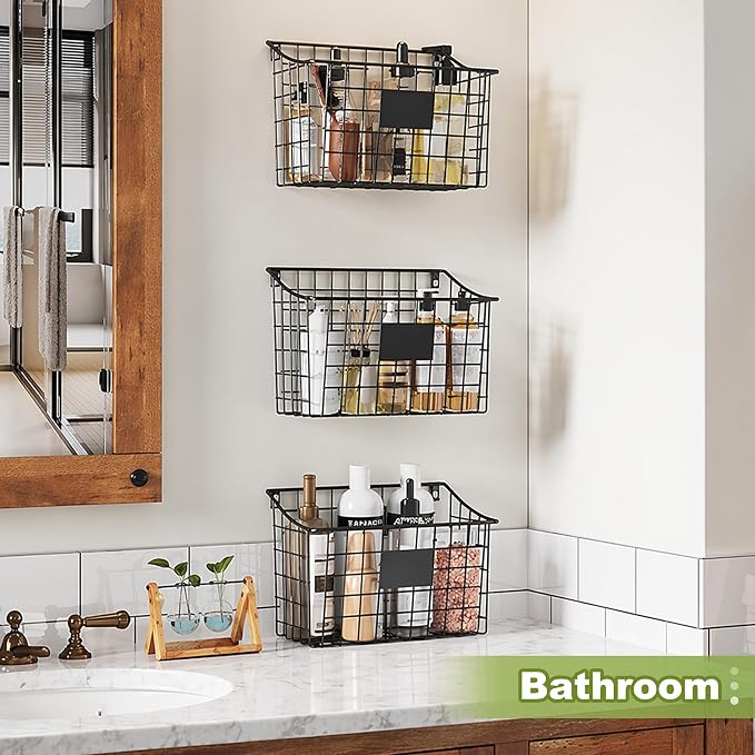 Wall Mounted Bin Basket with 5 Hooks 3 Label Plate Adhesive-3 Pack, Cabinet - Image 5