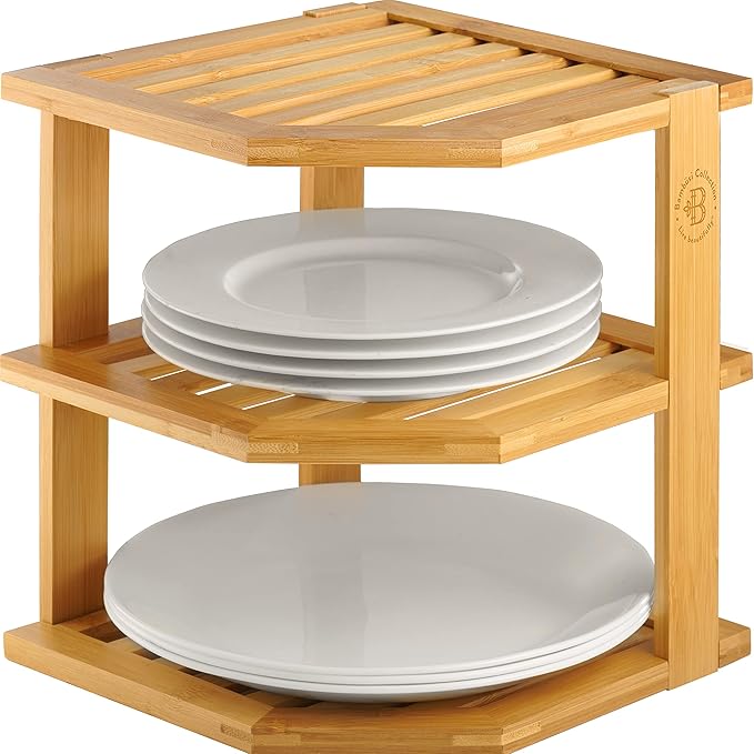 Plate Organizer for Cabinet, Corner Shelf, Bamboo 3-Tier Kitchen Organizer | by Bamb%C3%BCsi