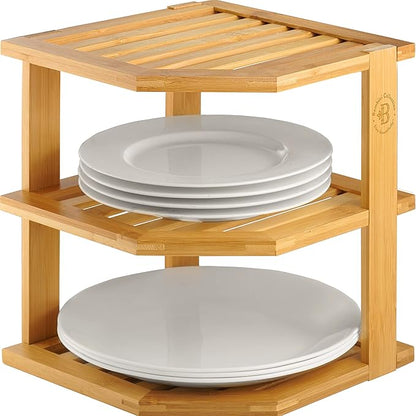 Plate Organizer for Cabinet, Corner Shelf, Bamboo 3-Tier Kitchen Organizer | by Bamb%C3%BCsi