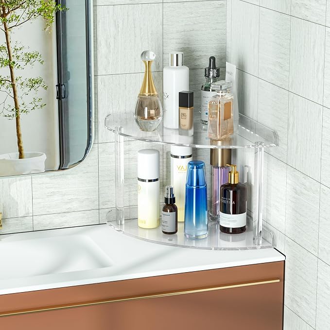 2 Tier Acrylic Corner Shelf Organizer Storage 9.5x9.5x8 Inch, Transparent - Image 2