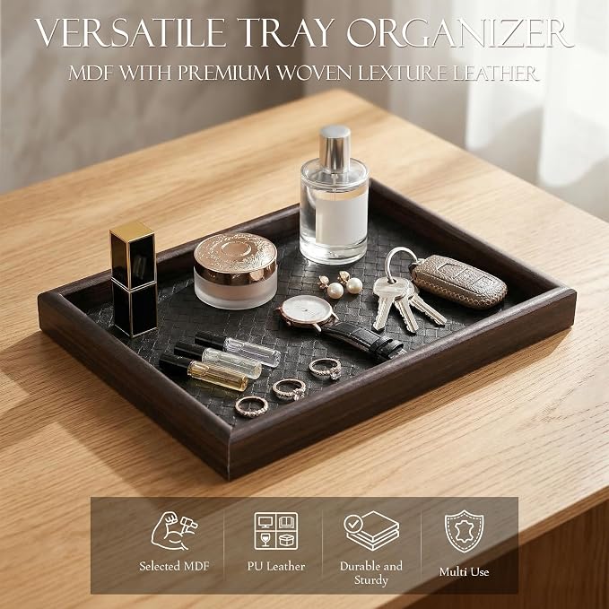 2Pcs Wooden Valet Tray with Leather Base, 11.8 x 7.87inches Entryway Bedside - Image 7