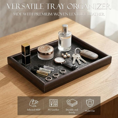 2Pcs Wooden Valet Tray with Leather Base, 11.8 x 7.87inches Entryway Bedside - Image 7