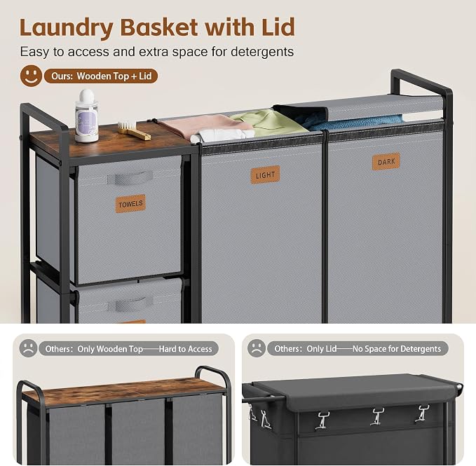 Hoctieon 4 Section Laundry Cart, 48 Gal. Laundry Hamper - Image 3