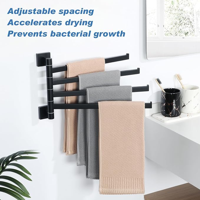 Alise 4 Arm Swivel Towel Rack, Matte Black Swivel Out Towel Bar, 13.58 Inch | - Image 3